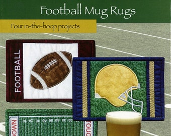 Football Mug Rugs Machine Embroidery, Four In-The-Hoop Projects From Amelie Scott Designs NEW Please See Description For More Information!