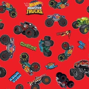 Hot Wheels Monster Trucks On Red Woven Cotton Fabric, Priced By The HALF Yard From Riley Blake Designs NEW, Please See Full Description!