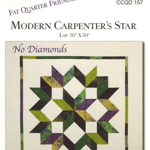 May include: A quilt pattern for a Modern Carpenter's Star quilt. The pattern is fat quarter friendly and includes instructions for a 70 inch by 70 inch lap quilt. The pattern is designed by Debbie Maddy and is part of the Calico Carriage Quilt Designs collection. The quilt pattern features a star design with no diamonds or "Y" seams.