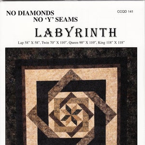 May include: Quilt pattern design for a quilt called "Labyrinth" by Calico Carriage Quilt Designs. The pattern features a geometric design with a star in the center. The quilt is made with brown, beige, and black fabrics. The pattern is available in sizes for a lap quilt, twin quilt, queen quilt, and king quilt. The designer is Debbie Maddy.