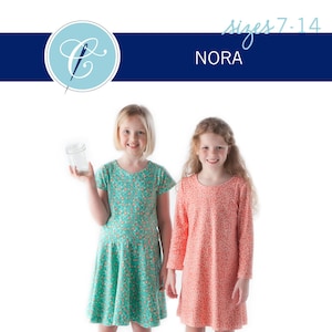 May include: Two girls wearing patterned dresses, one in teal and one in coral, stand in front of a white background. The girl in the teal dress is holding a clear glass jar. The girls are wearing different shoes, one pair of sneakers and one pair of brown cowboy boots. The text "sizes 7-14" and "NORA" is visible at the top of the image.