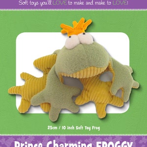 May include: A green and yellow plush frog toy with a crown. The frog is 10 inches tall and is called "Prince Charming Froggy".