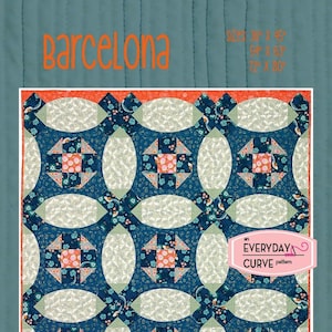 May include: A quilting pattern called "Barcelona" featuring a geometric design with teal, white, and pink fabrics. The pattern is an "Everyday Curve" pattern from Everyday Stitches.