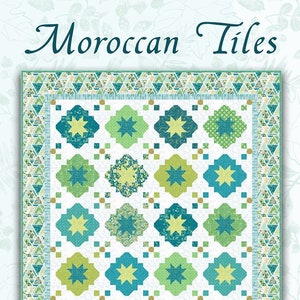 May include: Moroccan Tiles quilt pattern featuring a geometric design with teal, green, and yellow fabric. The pattern is called Greenhouse Garden and is by Nancy Rink for Marcus Fabrics. The finished quilt size is 71 inches by 85 inches.
