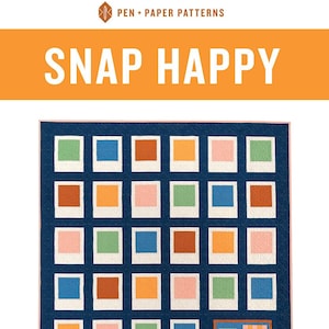 May include: A quilt pattern titled "Snap Happy" featuring a grid of colorful squares arranged in a Polaroid camera design. The pattern is described as a traditionally pieced quilt pattern for the advanced beginner sewist and up.