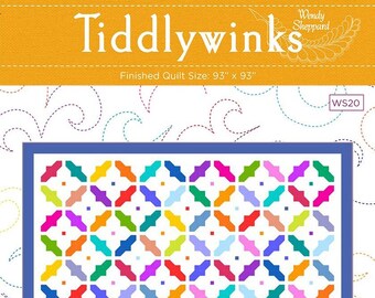 May include: A colorful quilt pattern called "Tiddywinks" with a finished size of 93 inches by 93 inches. The pattern features a repeating design of colorful squares and rectangles.