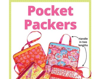 May include: Four colorful zippered pouches with different patterns. The pouches are made of fabric and vinyl and have a mesh pocket on the back. The pouches are designed to be used as organizers and can be carried with a handle that can be adjusted to two lengths. The image includes the text "Pocket Packers" and "Organize and carry it all!"