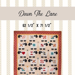 May include: A quilt pattern featuring a design of black and white sheep with red hearts. The quilt is 62 1/2 inches by 71 1/2 inches and is designed by Jennie Jo Lamb. The quilt is made by Lamb Farm Designs and is made in the USA.