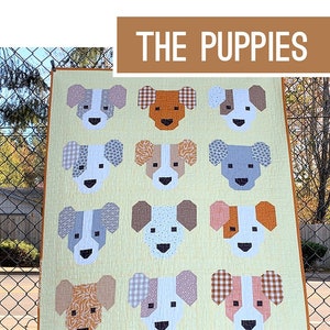 May include: A quilt pattern for making a quilt with nine adorable puppy faces. The quilt is made with fat quarters or 10-inch squares of fabric. The pattern is called "The Puppies" and is by Elizabeth Hartman.