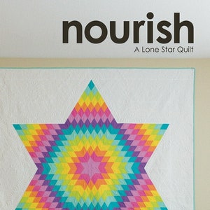 May include: A colorful Lone Star quilt pattern in shades of pink, yellow, green, and blue. The quilt is hanging on a wall above a brown couch. The text "nourish" and "A Lone Star Quilt" is printed above the quilt. The text "JAYBIRD QUILTS" is printed below the quilt.