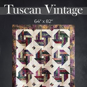 May include: Quilt pattern for a Tuscan Vintage quilt, measuring 64 inches by 82 inches. The quilt features a geometric design with a repeating pattern of squares and diamonds in shades of purple, green, and red. The quilt is made with a jelly roll friendly pattern.