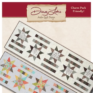May include: A quilt pattern for a table runner called "Hopscotch" by Doug Leko Antler Quilt Design. The pattern is charm pack friendly and measures 17 inches by 54 inches.