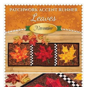 May include: Patchwork Accent Runner "Leaves" by Shabby Fabrics.com. The runner features three fall-colored maple leaves with a checkered border. The leaves are made of patchwork fabric in shades of red, orange, and yellow.