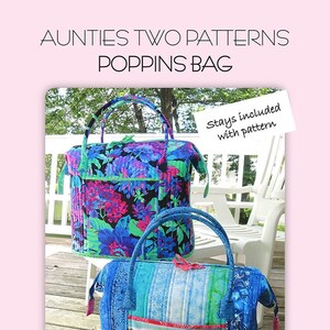 May include: Two quilted tote bags, one with a floral print and one with a beach scene. The bags are 18 inches wide, 12 inches deep, and 14 inches tall. The pattern includes stays.  Aunties Two Portland, ME e-mail: info@auntiestwo.com Copyright 2017 Pattern Number AT617