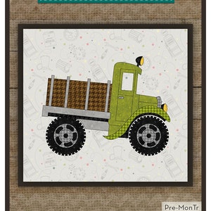 May include: A green and brown monster truck applique pattern for a 12-inch quilt block. The pattern includes precut fused applique pieces and a finished drawing for assembling the applique. The Whole Country Caboodle. Leanne Anderson 2020.