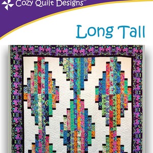 May include: A quilt pattern for a "Long Tall" quilt using 2 1/2 inch strips. The quilt is made with colorful fabric strips and has a white background. The pattern includes instructions for throw, twin, and king sizes. The quilt is designed by "danielastout".