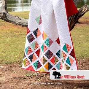 May include: A white quilt with a red border and a colorful geometric pattern of triangles and diamonds. The quilt is hanging on a tree branch over a grassy area with a lake in the background. The text "Spellbound" is written in red at the top of the image. The text "on Williams Street" is written in black at the bottom of the image.