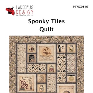 May include: A quilt pattern featuring a spooky tile design with a black cat, bats, and various Halloween-themed illustrations. The quilt is made up of a grid of squares with different designs in each square. The quilt is surrounded by a border of bats and other Halloween-themed designs.
