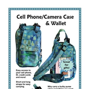 May include: A blue and green patterned fabric cell phone and camera case with a zipper closure. The case has a long strap and a short strap for carrying. The case has six pockets and is great for gifts. The text "Great for gifts!" is on a white starburst.
