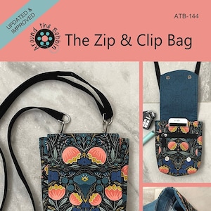 May include: A black and blue floral patterned crossbody bag with a zippered pocket and a clip closure. The bag is 7 inches high, 6 1/2 inches wide, and 2 inches deep. The bag is shown with a black strap and a blue lining.