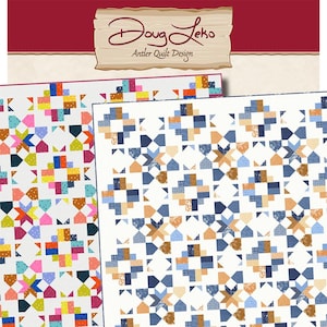May include: A quilt pattern called "Road Map" with two different color schemes. The first is a colorful pattern with pink, blue, yellow, orange, and red. The second is a blue and brown pattern. The pattern is available in three sizes: Topper (43" x 43"), Throw (60" x 77"), and King (77" x 94").