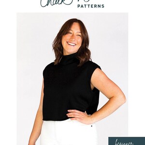 May include: A woman wearing a black mock neck shirt with short sleeves and white jeans. The text "Chalk & Notch Patterns" and "beginner" are visible in the image. The text "MAX TEE" and "SIZES 0-30 | WITH TWO BUST CUP OPTIONS" are also visible in the image.
