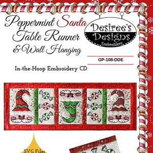 Peppermint Santa Table Runner, Machine Embroidery CD, From Desiree's Designs BRAND NEW, See Description and Pictures For More Information!