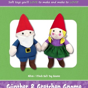 May include: A sewing pattern for two plush gnome toys, Günther and Gretchen. The pattern includes instructions for making a 17-inch soft toy gnome.