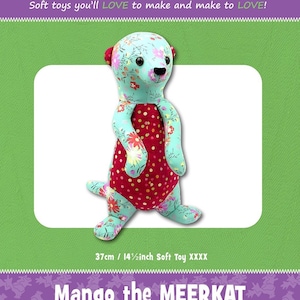 May include: A stuffed meerkat toy with a turquoise body and floral print. The meerkat wears a red polka-dot outfit. The image includes the text "funky friends factory" and "Mango the MEERKAT". The toy measures 14.5 inches.