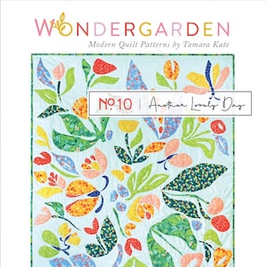 May include: A colorful quilt pattern featuring a floral design with butterflies and leaves. The quilt is made up of various shades of blue, green, yellow, pink, and red. The title of the pattern is "Another Lovely Day" and the number "10" is displayed in the top right corner. The quote "A flower does not think of competing with the flower next to it. It just blooms." by Paulo Coelho is displayed at the bottom of the image.