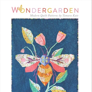 May include: A quilt pattern featuring a bee with a yellow and orange striped body, pink wings, and a green stem with pink flowers. The pattern is titled "No. 9 The Honey Bee" and includes the quote "Look at this life - all mystery and magic" ~ Harry Houdini.