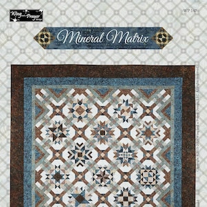 May include: A quilt pattern called "Mineral Matrix" by Wing and a Prayer Design, LLC. The quilt is made up of 16 different blocks, each with a unique design. The quilt is finished to a size of 104 inches square.