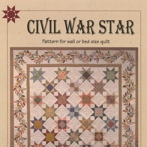 May include: A quilt pattern titled "Civil War Star" designed by Bits 'n Pieces. The pattern features a quilt with a central design of a star surrounded by smaller stars. The quilt is framed by a border of leaves.