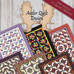 May include: A quilt pattern called "Mysterious" with six different layout options. The quilt is made up of colorful squares and triangles. The pattern is available in three sizes: Topper (47" x 47"), Throw (63" x 79"), and Queen (95" x 111").