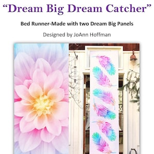 May include: A bed runner featuring two panels. One panel displays a close-up of a pink and yellow flower. The other panel shows six colorful feathers in shades of pink, blue, and green. The runner measures 24 x 90 inches.