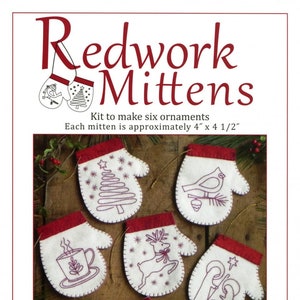 May include: A kit to make six felt Christmas mitten ornaments. Each ornament is approximately 4 inches by 4 1/2 inches. The kit includes felt, iron-on transfer embroidery patterns, embroidery floss, and gold string.  Design by Rachel T. Pellman, Rachel's of Greenfield. Item #K0614