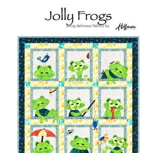 May include: A quilt pattern featuring nine green frogs with different activities, such as holding an umbrella, fishing, and playing with a dragonfly. The quilt is made with a variety of fabrics in shades of blue, green, yellow, and white. The quilt measures approximately 48 inches by 58 inches.