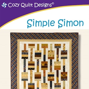 May include: A quilt pattern called "Simple Simon" designed by Daniela Stout. The pattern is for a strip club quilt using 2 1/2 inch strips. The quilt is made in a brown, tan, and blue color scheme. The quilt is shown in a wall hanging size, but the pattern can be used to make a lap, throw, twin, queen, or king size quilt.