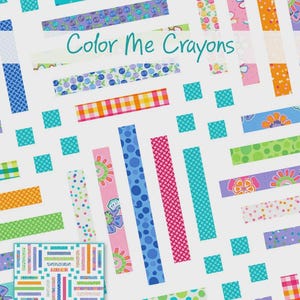 May include: A colorful quilt design with the text "Color Me Crayons." The design features rectangular strips and square blocks in various patterns and colors, including blue, pink, green, and orange. A smaller version of the quilt is also shown.