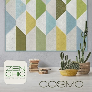 May include: Geometric wall art featuring a repeating pattern of colorful, textured shapes in shades of green, blue, yellow, and white. The artwork is labeled "ZEN CHIC" and "COSMO". A cactus in a woven basket is in the background.