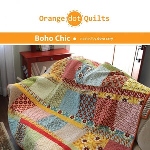 May include: A colorful patchwork quilt with a boho chic design. The quilt is made up of squares of different fabrics in shades of red, orange, yellow, green, and blue. The quilt is 64 inches by 70 inches and is described as "super easy" to make.