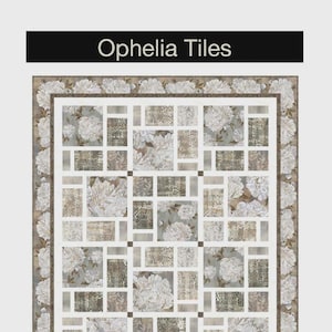 May include: A quilt titled "Ophelia Tiles" featuring a floral design. The quilt has a white grid pattern with squares filled with floral and textured patterns in shades of gray, brown, and white. The border is adorned with white flowers.