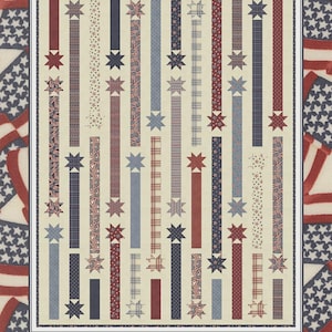 May include: A patriotic quilt with a cream background, featuring vertical stripes in red, white, and blue, adorned with star accents. The word "Fireworks" is at the top, and "by Coach House Designs" is at the bottom. The quilt is surrounded by a pattern of American flags.