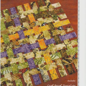 May include: A colorful table runner and place mat pattern with a woven design. The pattern features rectangular strips in shades of green, purple, yellow, and orange, with butterfly and leaf patterns. The text "Open-Weave" and "Table Runner & Place Mats" are visible.