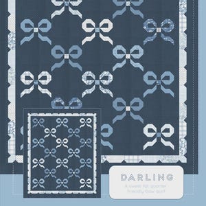 May include: A navy blue quilt pattern featuring a repeating bow design in shades of blue and white. The quilt has a decorative border and includes the text "thimble blossoms" and "DARLING".