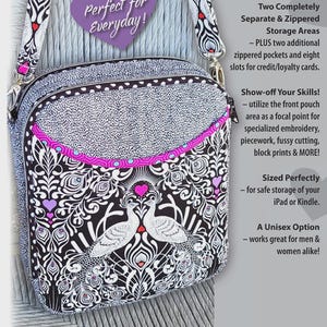 May include: The Gemini Flightbag, a black and white patterned bag with a pink accent. The bag features a design of two white birds and a heart. It measures 9 inches wide, 10.5 inches tall, and 3.5 inches deep.