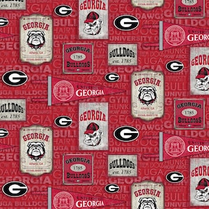 University Of Georgia Bulldogs Vintage Pennant Football Allover Cotton Fabric Sold By The Half Yard, From Sykel Enterprises NEW