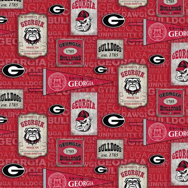 University Of Georgia Bulldogs Vintage Pennant Football Allover Cotton Fabric Sold By The Half Yard, From Sykel Enterprises NEW