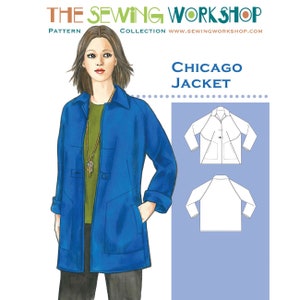 May include: A sewing pattern for a Chicago jacket. The pattern includes instructions for making a long, blue jacket with a collar, pockets, and buttons. The pattern also includes instructions for making a white jacket with a collar, pockets, and buttons.