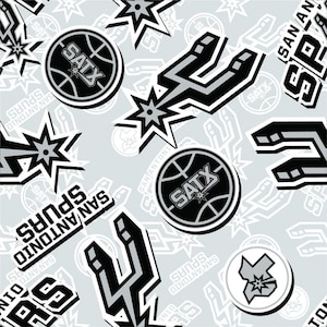 NBA Basketball San Antonio Spurs Sticker Toss On Woven Cotton Fabric Priced By The HALF Yard, From Camelot Fabrics NEW, See Description